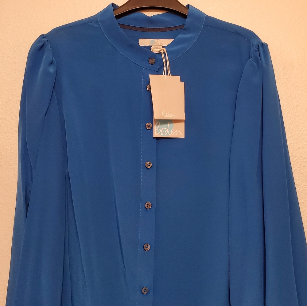 Boden Blouson Sleeve Silk Shirt- cyan - Picture 7 of 12